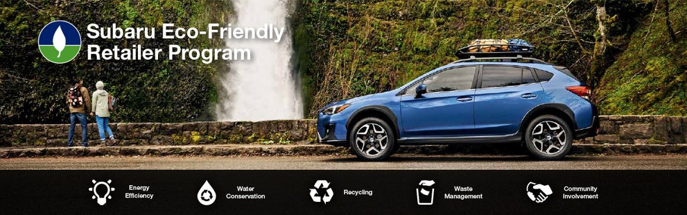 The Subaru Eco-Friendly Retailer Program logo with a blue Subaru and eco icons at bottom. | Sutherlin Subaru in Kingston TN